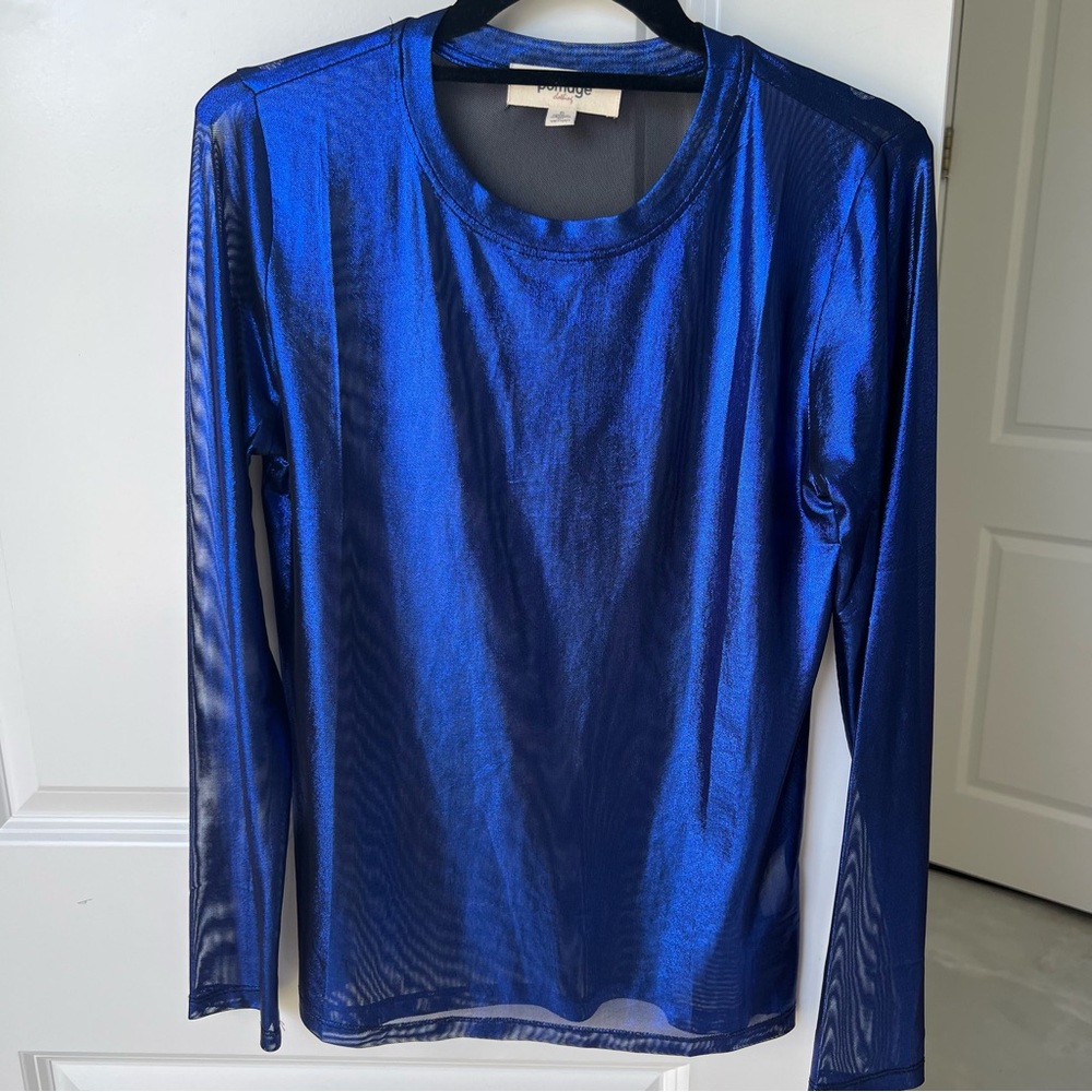 Elegant Metallic Blue Long Sleeve Top